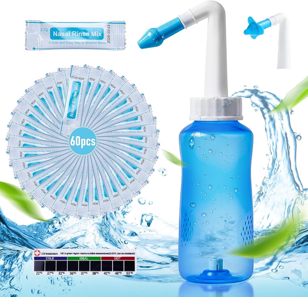 Neti Pot Sinus rense flaske nese rengjøringstrykk rense Nasal irrigasjon med 60 Nasal vask saltpakker og 300 ML Neti flaske påfyllingssett idea og klistremerke termometer for voksen og barn (blå)
