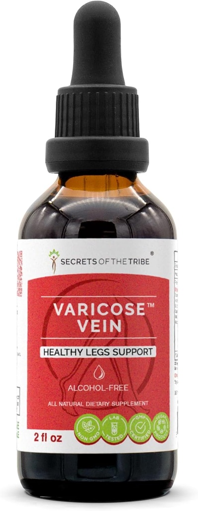 Hemmeligheter av Tribe Varicose Ven alkohol-fri, glyceritt slakter's Broom, hestekastnut, Bilbær, Cayenne, Gotu Kola, Grape. Tinktur, Herbal ekstrakt sunne ben støtte 2 OZ