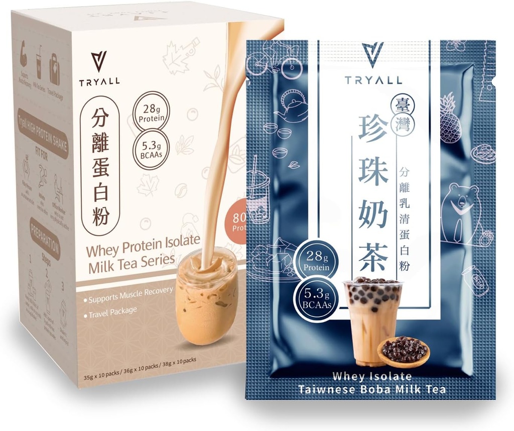 TRYALL Recharge Post Trening Tillegg Daily Muscle Builder & Recovery Supplement (Taiwan Bubble Melk Te, 10 pakker)