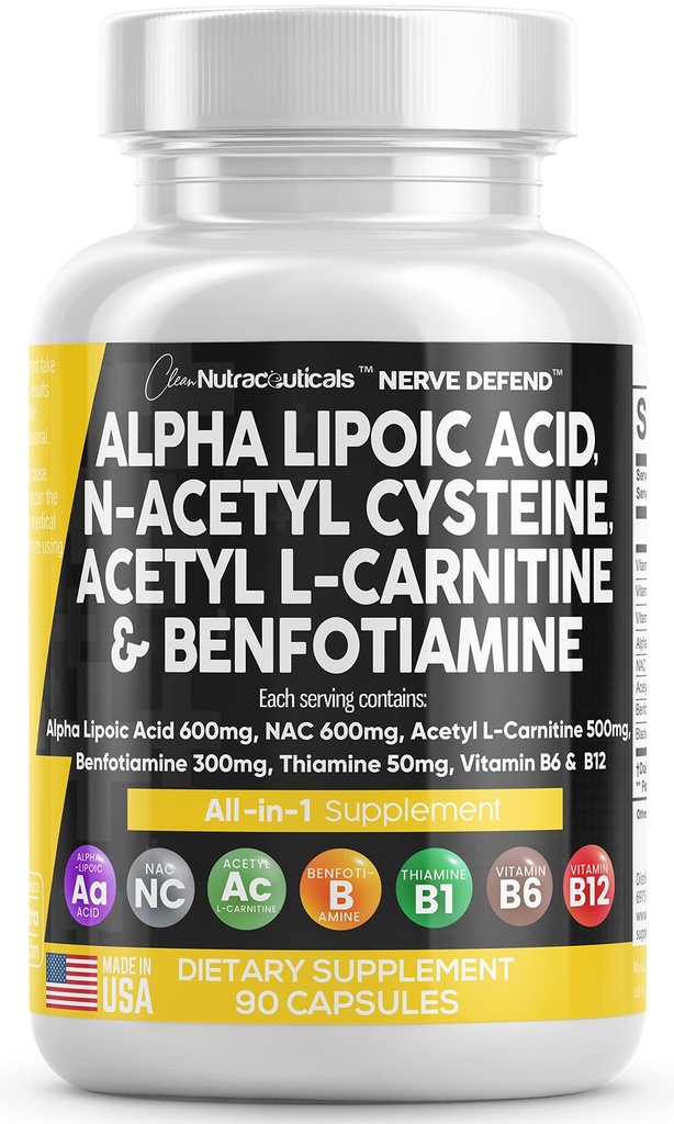 Alpha Lipoic Acid 600mg N-Acetyl Cysteine 600mg Acetyl L-Carnitine 500mg Benfotiamin 300mg - Nerve Support Supplement for kvinner og menn med vitamin B1 B6 & B12 - Laget i USA 90 Caps