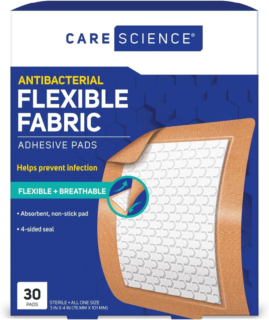 Care Science Fabric klesskap Pad Bandages, 3x4 inches Ekstra stor fleksibel ikke-stiv stripe, bidrar til å hindre infeksjon, pustende beskyttelse, for førstehjelp og sår omsorg, 30 greve