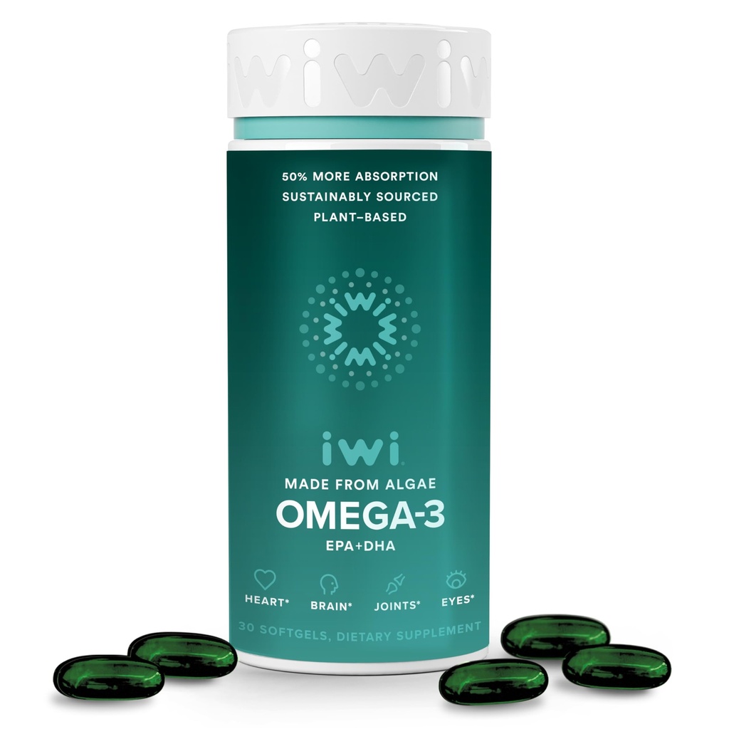 Iwi Omega-3, 30 Softgels (30 porsjoner), Vegansk plantebasert Algae Omega 3 med EPA + DHA, hele Body støtte kosttilskudd, krill og fisk olje alternativ, ingen fiskelig ettersmak