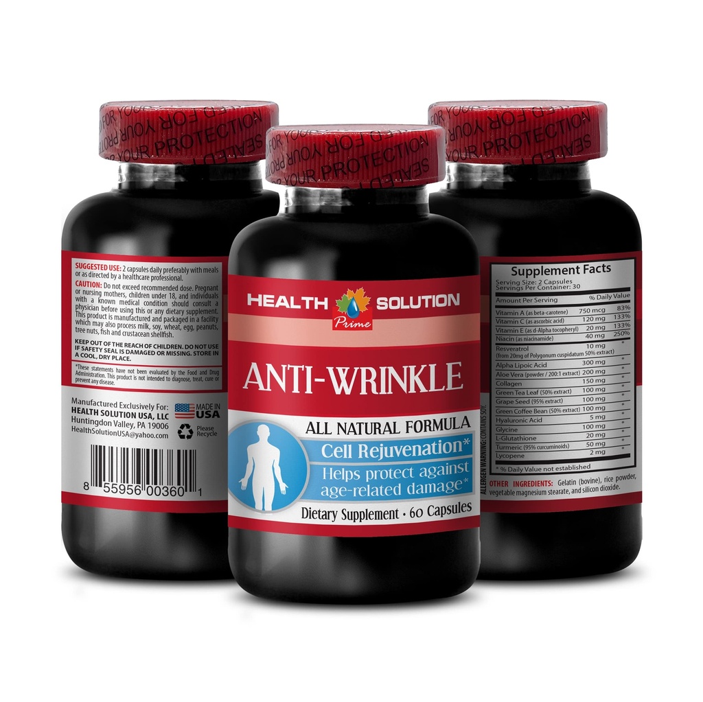 Vitamin E kollagen - anti-WRINKLE COMPLEX - Hudmineraler, anti-aging naturlig formel, anti-russel kapsler for ansikt, serum anti-russel, alfa lipoinsyre, anti-russel piller for kvinner, 1B 60 Caps
