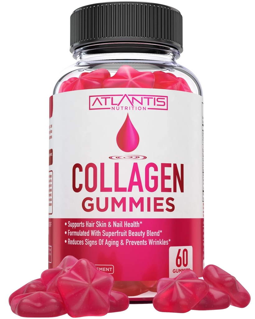 Atlantis Ernæring Collage Peptider Gummier for kvinner - Formulert med type I & III - Vitamin & Superfrukt Skjønnhet blanding - Formulert til å støtte hår, negl & hud helse | 60 Telling