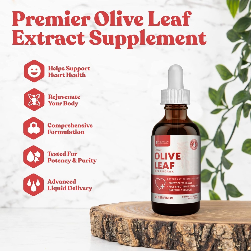 Rejuvica Active Olive Leaf Extract | naturlig forekommende Oleuropein flytende dråper for immun- og hjerte støtte | Fastabsorpsjon, Vegan, alkoholfri | 6 fl oz