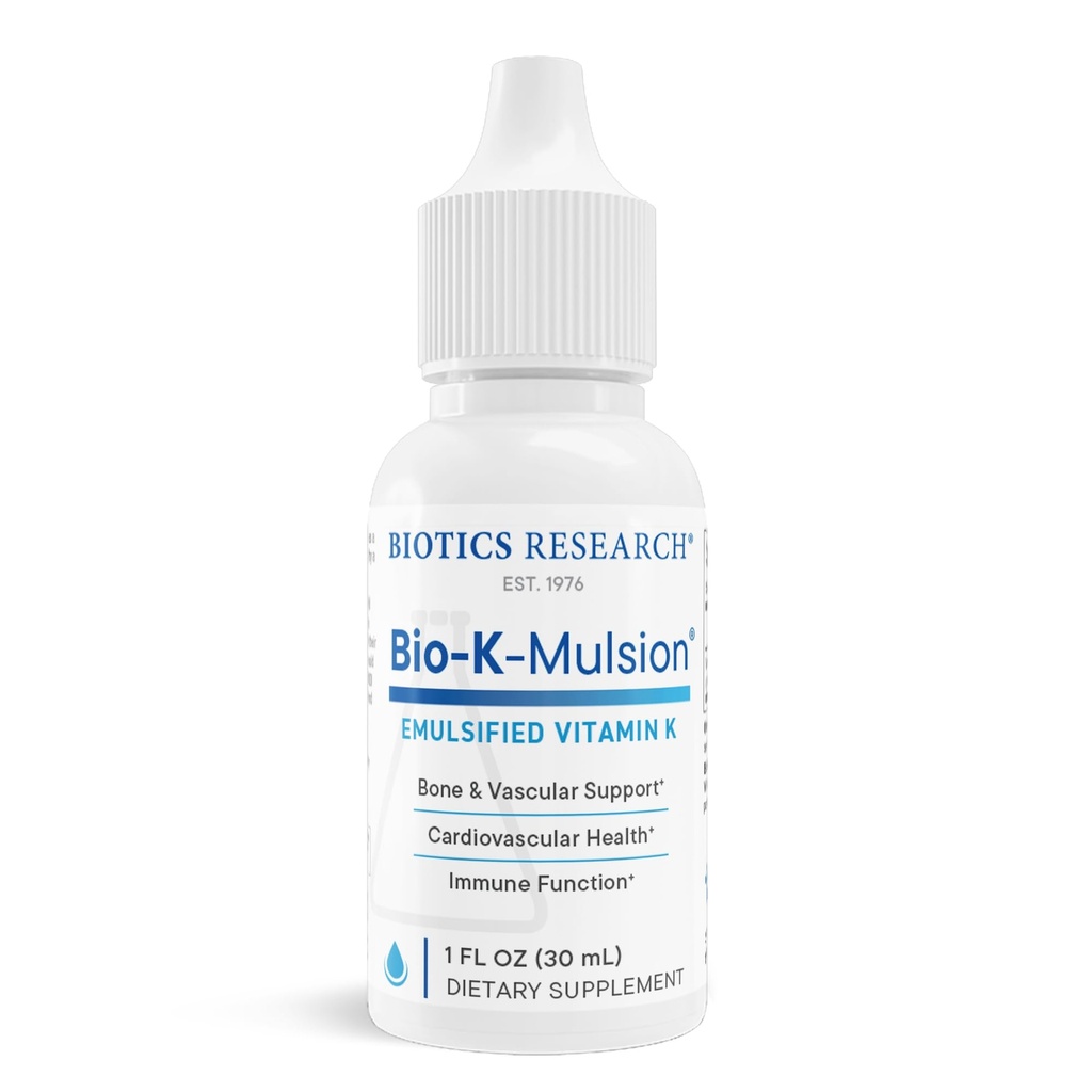 Biotics Research Bio K Mulsion flytende vitamin K Drops - 500 mg/S - Vitamin K1 fytonadion for voksne - VIT K Supplement - Sterke bein, hjertehelse, blod Cloting Support, 1 fl oz