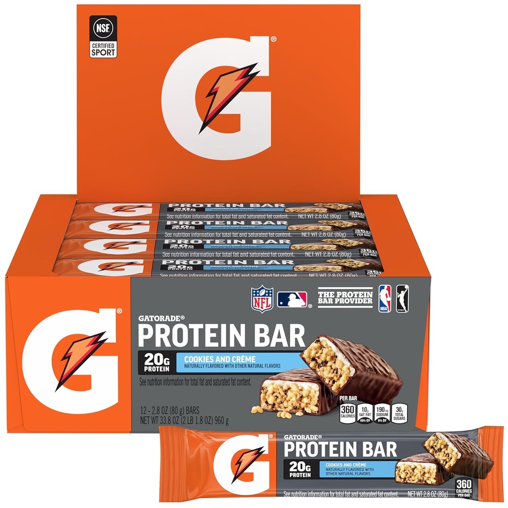 Gatorade Whey Protein Bars, Cookies & Crème, 2.8 oz barer (pakke på 12, 20 g protein per bar)