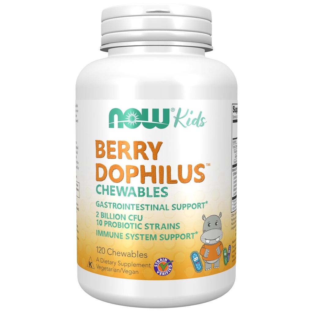 NOW Mattilskudd, BerryDophilusTM med 2 milliarder, 10 Probiotiske Strains, Xylitol søtet, Strain Verifisert, 120 Chewables, emballasje kan variere
