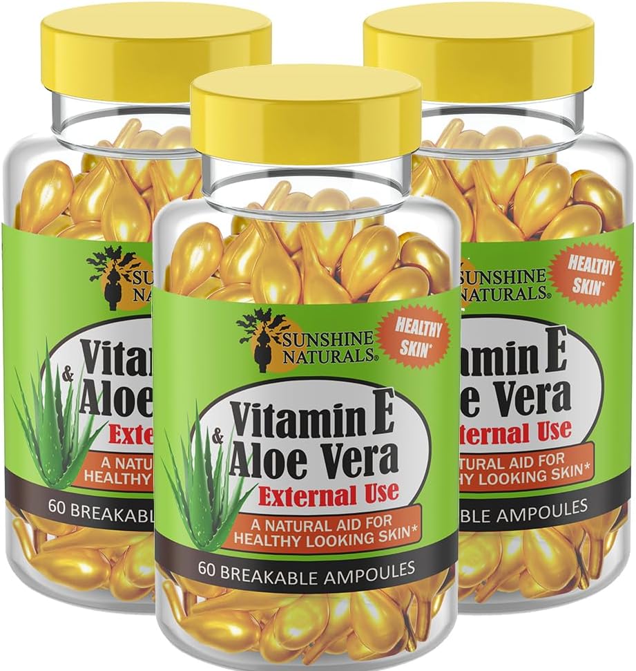 Sunshine Naturals Vitamin E og Aloe Vera Moisturizer. Hydrating formel for tørr hud, beroligende lindring, nourishment og hud elastisitet. Fremmer myk og sunn hud. 60 vialer. Pakke med 3