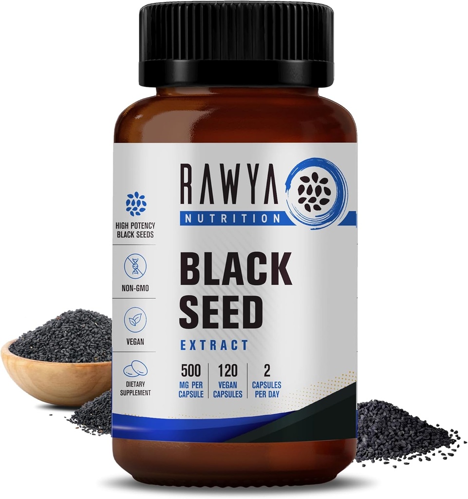 RAWYA ernæring svart frø ekstrakt, Nigella sativa, svart cumin frø pulver, 500 mg hver, fremmer velvære, fleksibilitet, og strålende hud, Halal, vegan, ren og naturlig supplement - 120 Vegan kapsler
