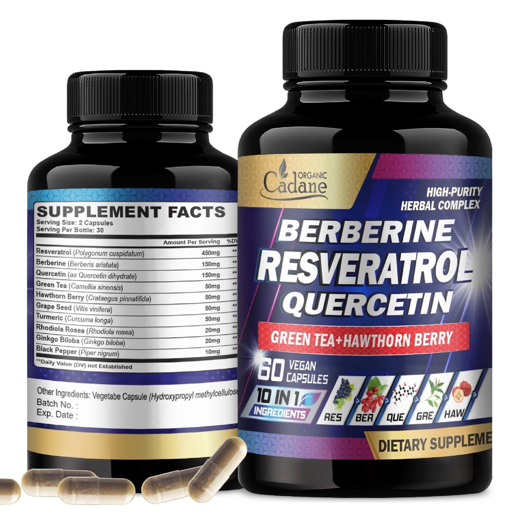 Cadane Resveratrol Supplement - 10in1 Plus med Quercetin, Berberine, grønn te, Grapefrø, Hawthorn Berry, Turmeric, Rhodiola Rosea, Ginkgo Biloba, og svart pepper - 60 kapsler