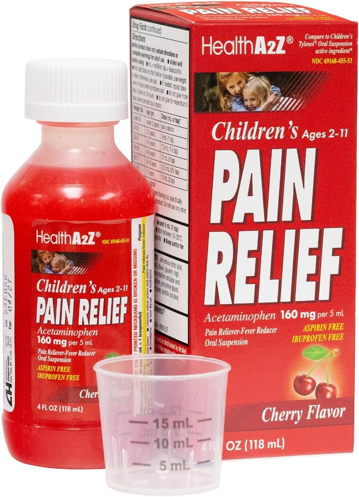 HealthA2Z® Children's Pain Relief | Acetaminophen 160 mg (5ml) | Alder 2-11 | Cherry Flavor | Pain Reliever - Feber Reduser - Oral Suspensjon | Aspirin og Ibuprofen Gratis | 4FL Oz (118 ml)