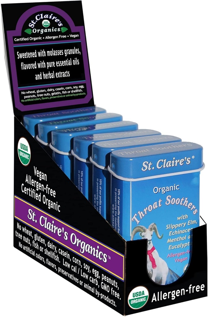 St. Claire's Organics Throat Sothers, (1,5 Ounce Tin, Pakke med 6) Glutenfri, Vegan, GMO-fri, Plantebasert, Allergenfri | laget i vår Allergen-fri Facility
