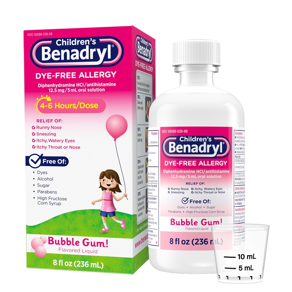 Benadryl Children's Dye-Free Allergy Relief væske, Allergi medisin for barn, 12,5 mg Diphenhydramine HCl Antihistamin, Relieves Runny Nese & Sneezing, Parabenfri, Bubble Gum Flavor, 8 fl.