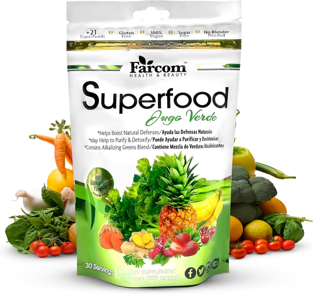 Superfood Grønn Juice pulver - Blanding av over 21 Super Greens, Adaptogens, Prebiotika, Probiotika, Antioksidanter - Detox, Energi og Immunstøtte Supplement - Vegansk, Glutenfri