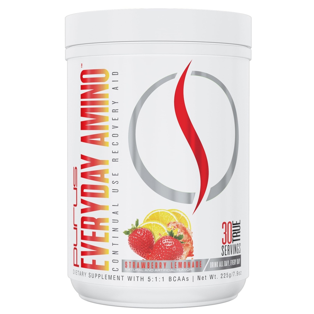 Purus Labs Hver dag Amino BCAA pulver | Aminosyrer for muskelhydrasjon og utvinning | Sukker gratis og glutenfri | 30 serveringer (Strawberry Lemonade)