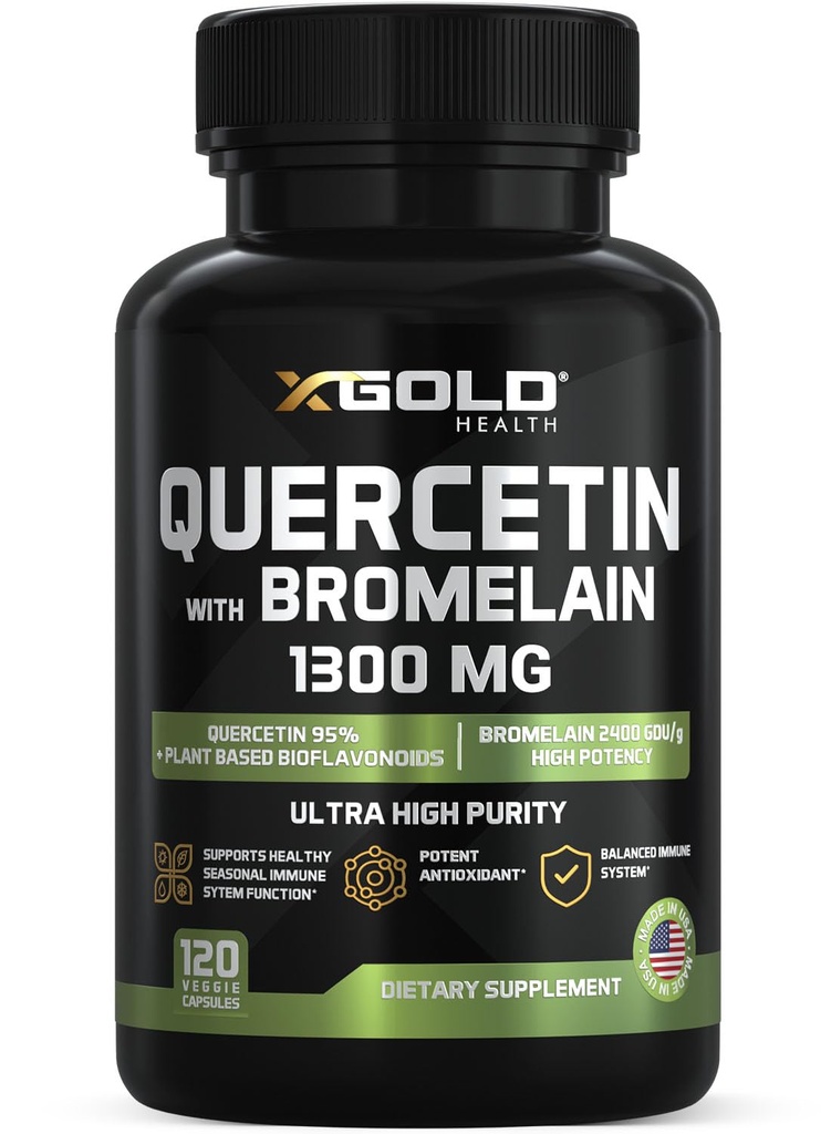 Quercetin + Bromelain 1.300mg – Quercetin: 95% - Meget rengjort og høy biotilgjengelig Plus Bromelain 2.400 GDU/g - laget i USA ® 120 Caps