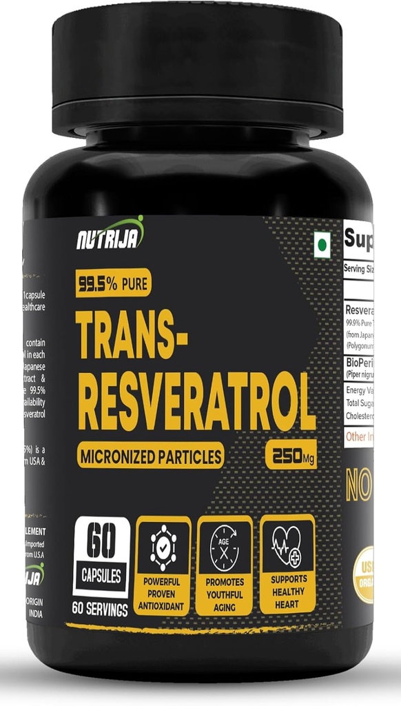 Trans Resveratrol 250MG kapsler - 99,5% ren mikronisert og svært biotilgjengelig Supplement | Slow Down Aging, Proven kraftig anti-oksydant | Forbedrer metabolisme og hjerte helse (120 kapsler)