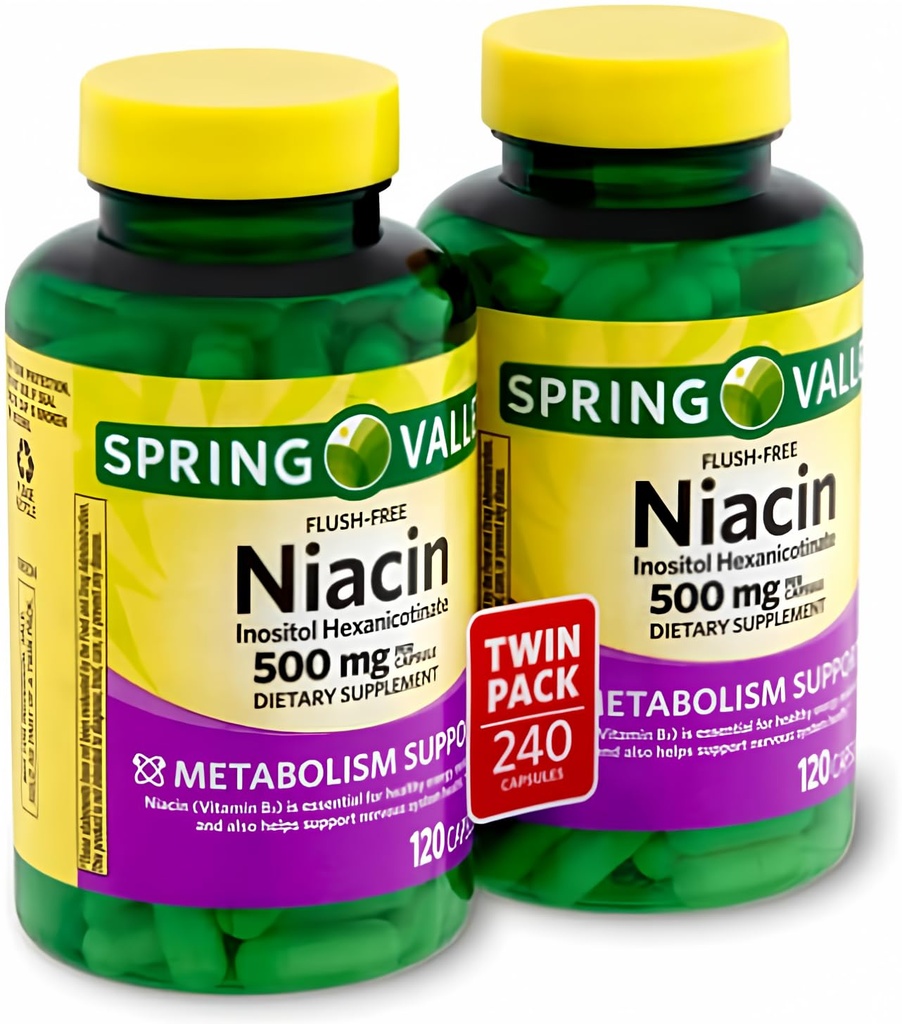 Spring Valley - Flush Free Niacin (B-3) 500 mg, 240 kapsler (2 flasker 120)