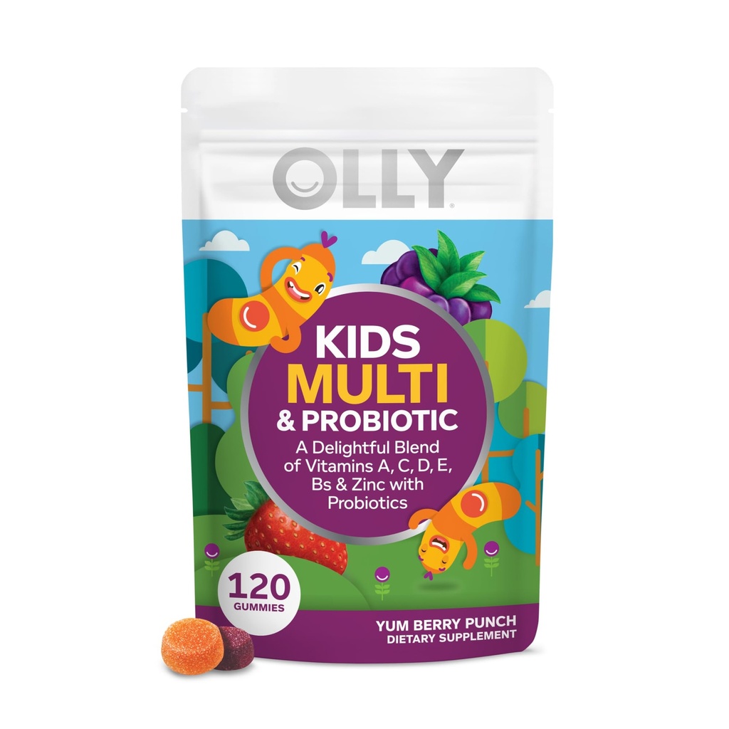 OLLY Kids Multivitamin & Probiotic Gummy, Digestiv støtte, vitaminer A, D, C, E, B, Sink, Chewable Supplement, Berry Flavor, 60 dagers forsyning - 120 Count