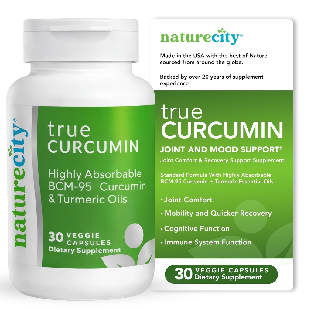NatureCity True-Curcumin Turmeric Supplement | Ikke-GMO Tumeric og Curcumin 500mg Curcuma Capsules vitamin Supplements | Opp til 700% Økt absorpsjon (30 dagers forsyning) | Støtter Joints