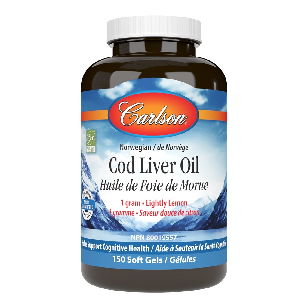 Carlson - Cod Liver Oil Gems, 460 mg Omega-3s + vitaminer A & D3, Wild-Caught Norsk Arctic Cod-Liver Oil, Sustainly Sourced Nordic Fish Oil Capsules, Lemon, 150 Soft Gels