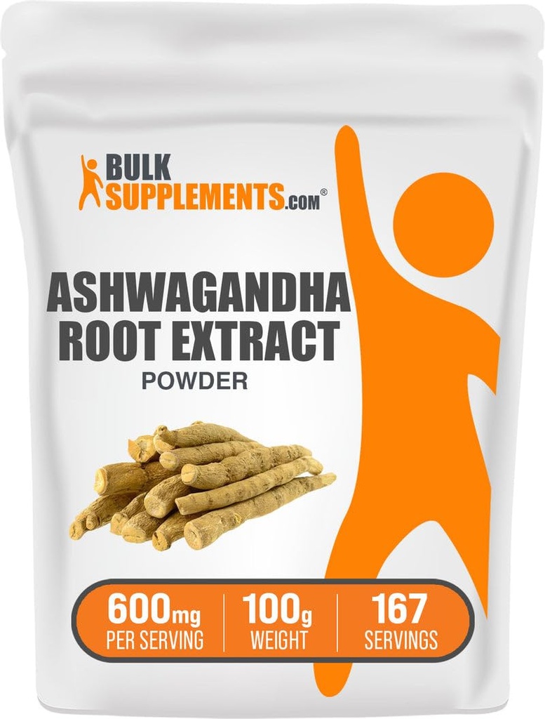 BulkSupplements.com Ashwagandha Root Extract pulver - Ashwagandha Supplement, Herbal Supplement - Vegan & Glutenfri, 600 mg per servering, 100g (3.5 oz) (Pack of 1)
