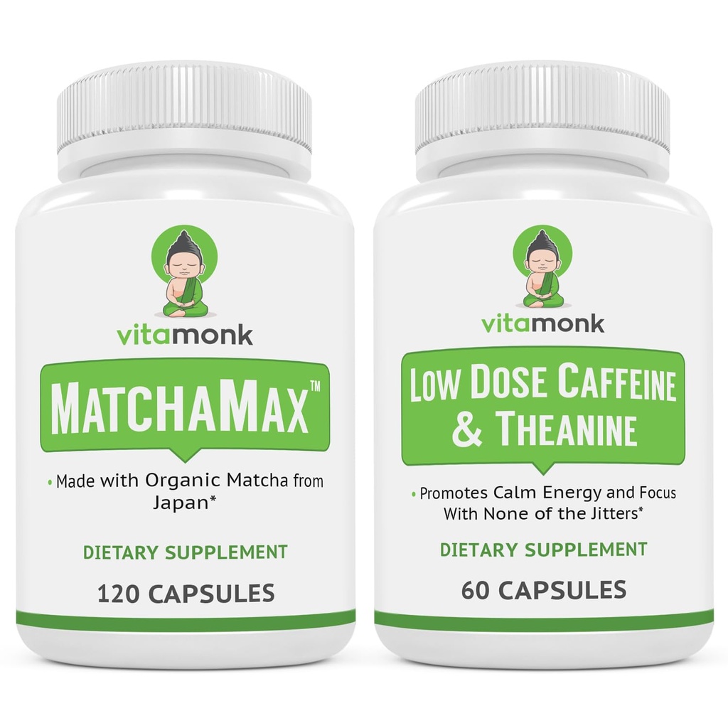 VitaMonk Energi & Fokus Bundle: MatchaMax Organic Japanese Matcha Kapsler Lav Dose Koffein og Theanine