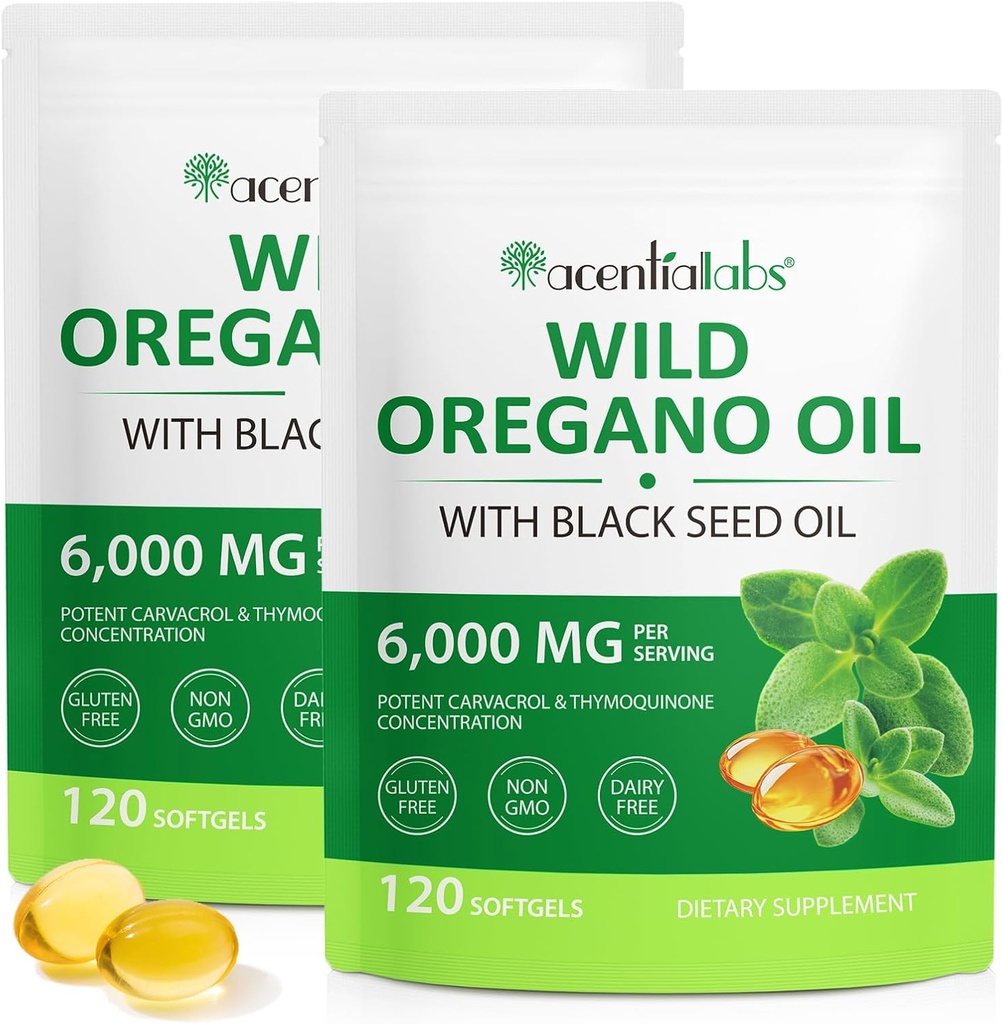 Olje av Oregano Softgels 6000mg 2 Pack, 2 i 1 Formulert med svart frøolje 120 greve, Oregano oljekapsler organisk, glutenfri olje av Oregano Softgels, ikke-GMO og immunstøtte