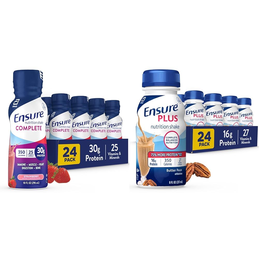 Sikre COMPLETE ernæringsshake, 30g protein, måltidserstatningshake, med næringsstoffer for immun helse, jordbær, 10 Fl Oz & Plus smør pecan ernæringshake, måltidserstatningshake, 24 pakke