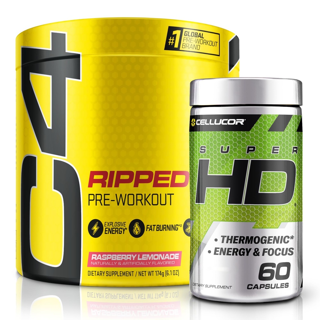 C4 Rippet & SuperHD, Thermogenic Bundle, C4 Rippet Før Trening pulver, bringebær sitronade 30 serveringer + SuperHD med Capsimax og grønn te ekstrakt, 60 serveringer