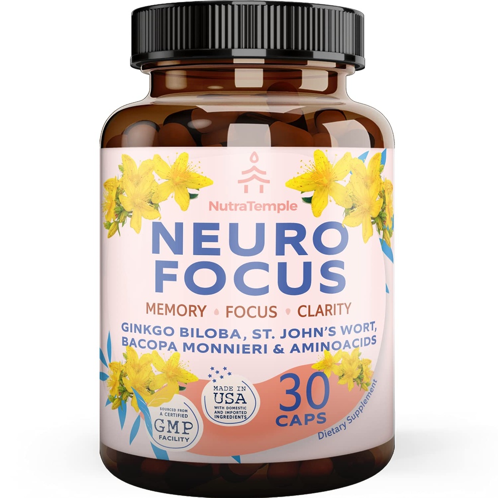 Brain Booster Gingko Biloba Supplement - Nootropics for sinn, fokus, minne, klarhet med Bacopa Monnieri, St. Johns Wort - 30 Brain Food Kapsler