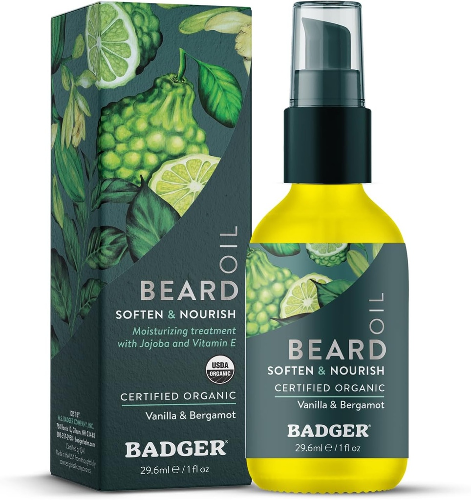 Badger Beard Olje, Babassu & Jojoba, Certified Organic, Premium Beard Conditioner, Beard Olje for tørr hud, Beard Olje for lange skjegg, Ansiktshårolje, 1 floz Glassflaske
