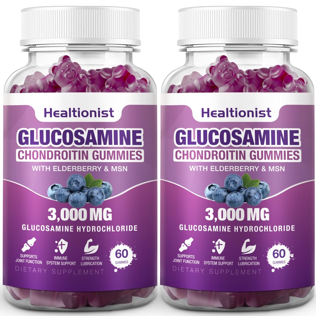 2 Pakker 3000mg Glukosamin Chondroitin Gummies med MSM & Elderberry - Ekstra styrke felles helse, fleksibilitet, antioksidant immunstøtte Supplement Gummy for voksne, menn og kvinner 120 Cts