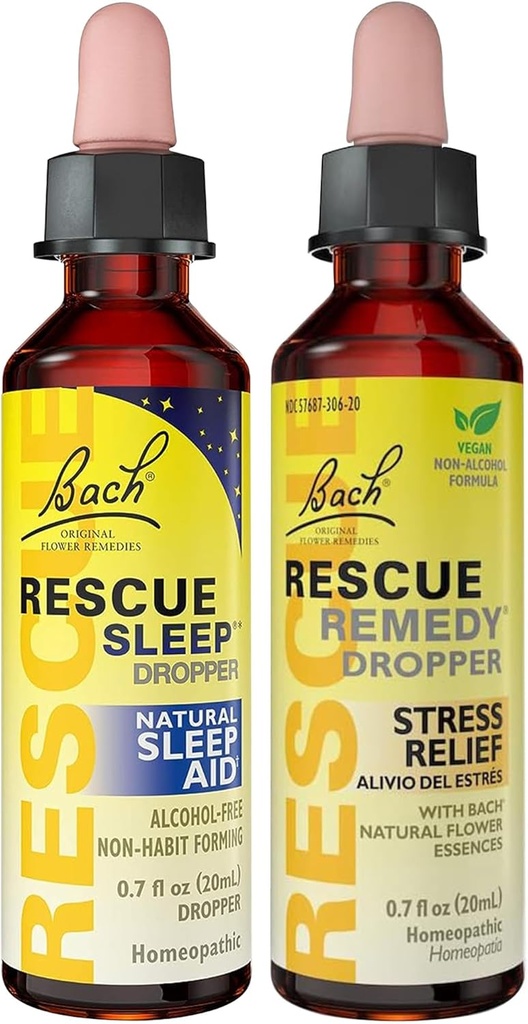 Rescue Stress Relief & Sleep Support Bundle, Non-Alcohol Formler, Bach Remedy Dropper 20ml 2-Pack Sleep Dropper 20ml, Homeopatisk Blomster Essenser
