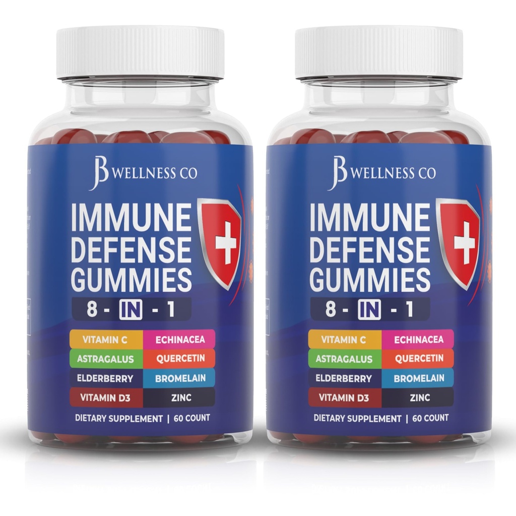 8 i 1 immunforsvar Booster Supplement Gummies med astragalus rot, vitamin C og sink, vitamin D3, eldrebær og Quercetin (2 pakke)