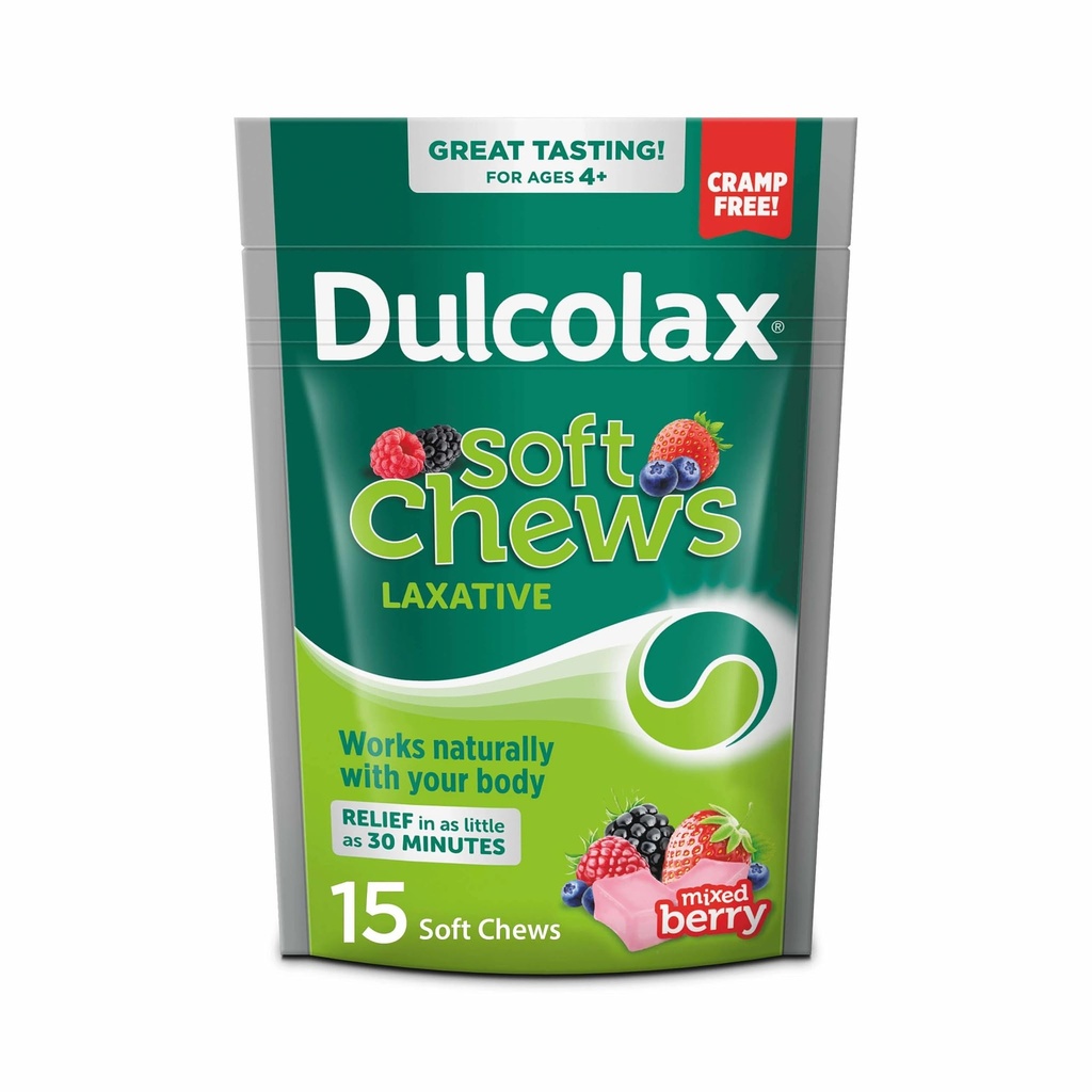 Dulcolax Saline Laxative Soft Chews, Gentle Acceleration Relief, Blandet Berry Flavor, Magnesium Hydroxid 1200 mg, 15 Telling