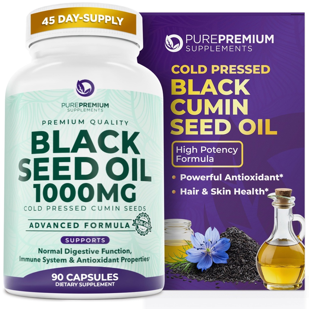 PurePremium Black Seed Oil 500mg - Økologisk Nigella Sativa frø, kaldt presset svart cumin oljeekstrakt - Hår / skinn Supplement for menn / kvinner pakke med 90 kapsler