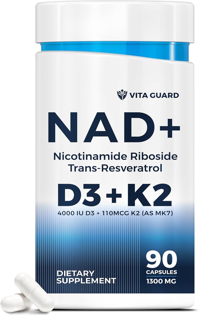Anti-Aging Energy NAD Supplement - NMN Alternativ med Nicotinamid Riboside 1000mg, Trans-Resveratrol 300mg, vitamin D3 4000 IE og K2 110mg MK7 - vegetariske 60 kapsler, 1300mg