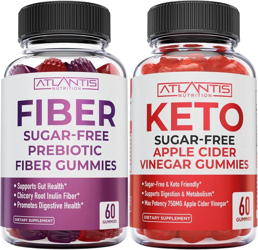 Atlantis Ernæring Sukker Gratis Prebiotiske Fiber Gummier for voksne 2-Pack (120 Gummies) + Sugar Gratis Keto Apple Cider Vinegar 60 Gummies