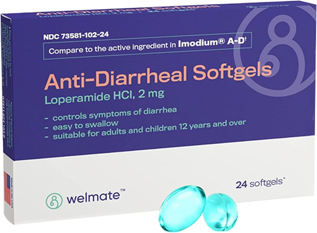 WELMATE - Anti-Diarreal Softgels (24 Softgels) - Loperamid HCL 2 mg - Diarrea Symptom Relief - Upset Mage Reliever - Anti diarrea piller - Over-The-Counter Medisasjon