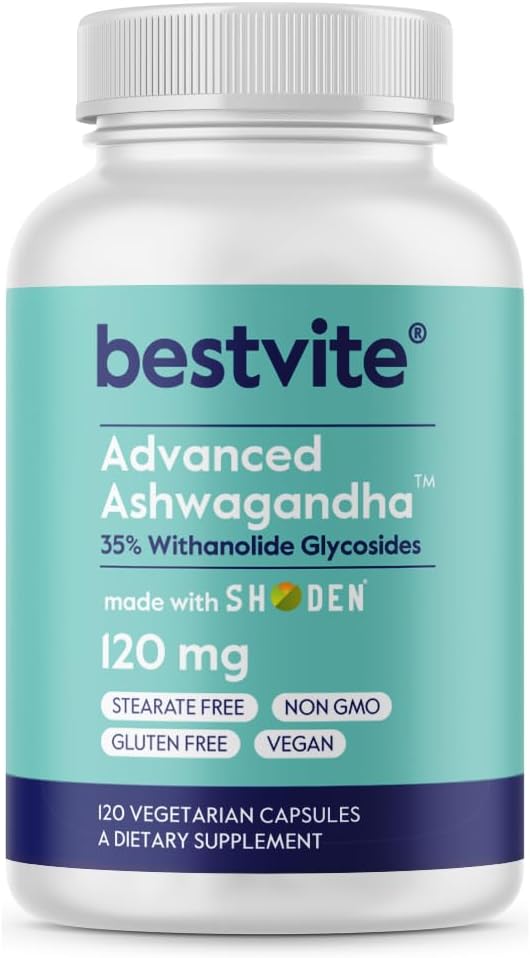 BESTVITE Avansert Ashwagandha 120 mg w/Shoden (120 vegetariske kapsler) - klinisk studert Inneholdende industri som fører 35% withanolide glykosider - Ingen stearates - Vegan - ikke GMO - Glutenfri