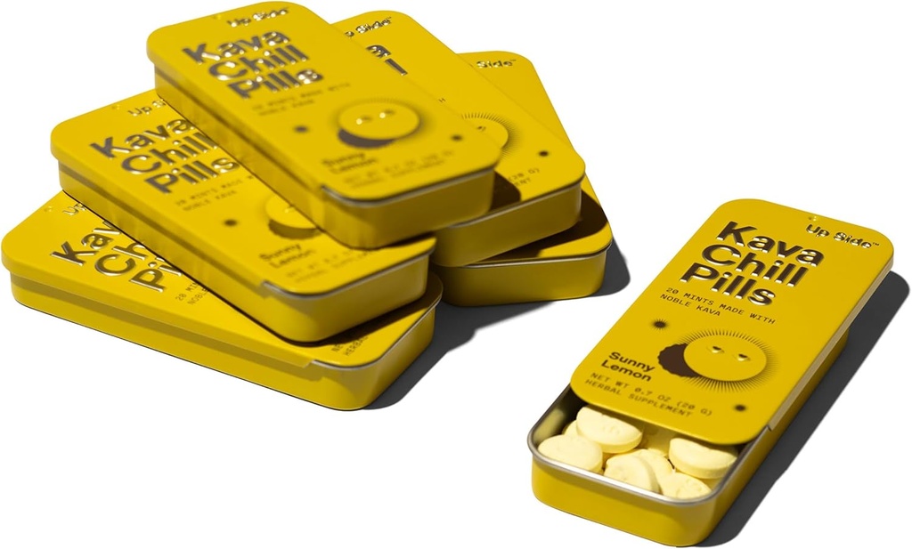 Opp Side Kava Chill piller, Kava Kava Candy Sunny Lemon Flavor, Naturlig kosttilskudd for rolig og stress støtte, 6 pakke 20 mynter