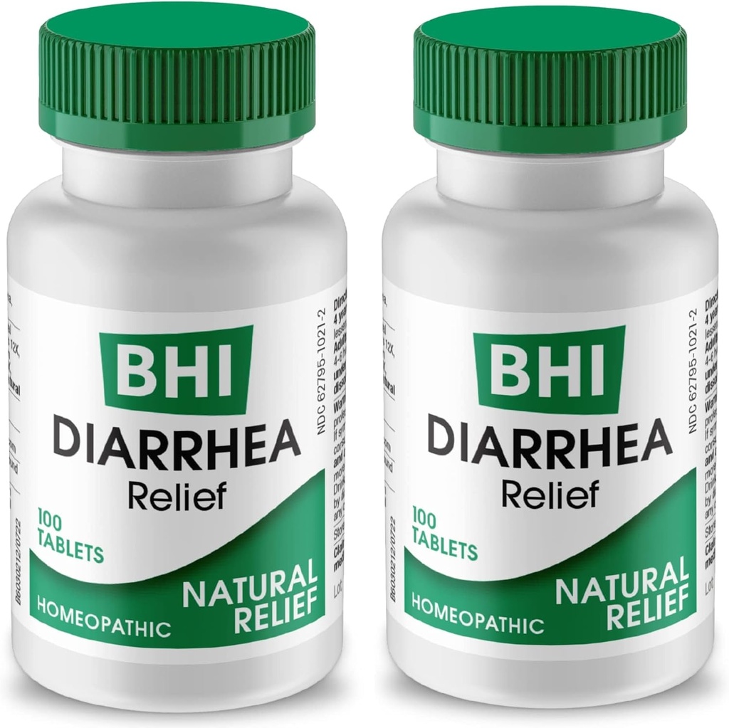BHI diarrea Relief raskt-virkende naturlig remedi for mild diarrea - 8 beroligende homeopatiske aktive hjelpe beroligende magesmerter, gass og crampe for kvinner og menn - 100 tabletter (Pack of 2)