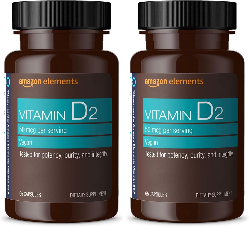 Elementer Vitamin D2 2000 IU, Vegan, 65 Kapsler, støtter sterke bein og immun helse, 2 måneders forsyning (pakke May Vary) (Pack of 2)