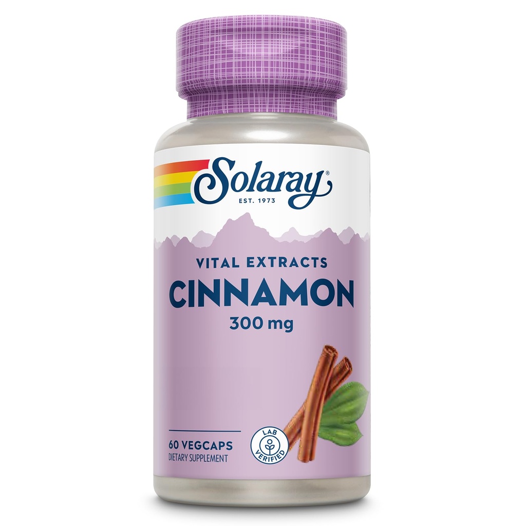 SOLARAY Cinnamon Extract 300mg - Cinnamon Supplements for Balance - Herbal støtte med 24mg Flavonoids - Lab Verifisert, Glutenfri, 60-dagers garanti - 60 Serveringer, 60 VegCaps