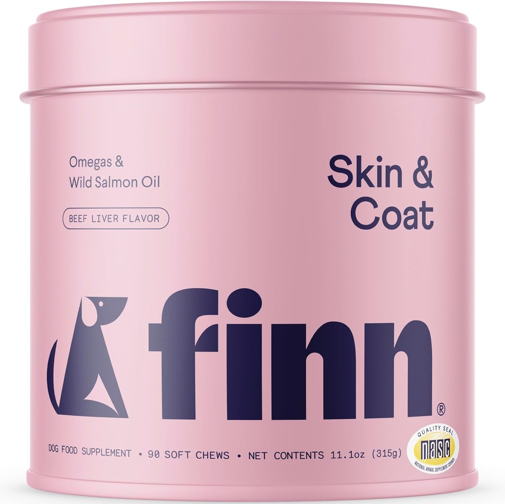 Finn Skin & Coat Salmon Oil Supplement for hunder | Støtter En Tykk og skinnende Coat | Fiskeolje fra Wild Alaskan Salmon, Omega-3s, EPA & DHA, Biotin, & Sink | 90 Soft Chews