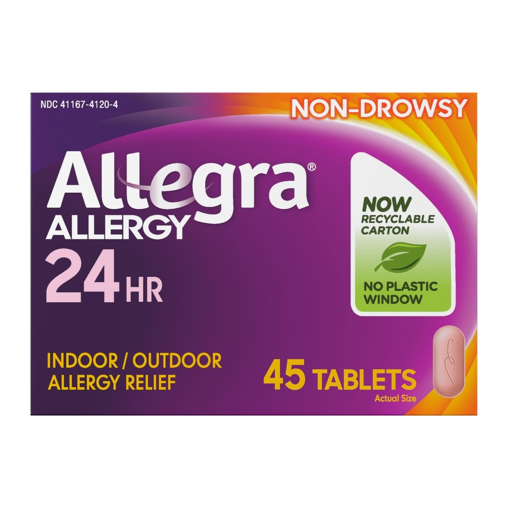 Allegra Voksen 24-timers Allergi Relief Tabletter, Ikke-Drowsy Innendørs og Utendørs Allergi medisin, 180 mg Fexofenadin HCI Antihistamine Pill, 45-tallet