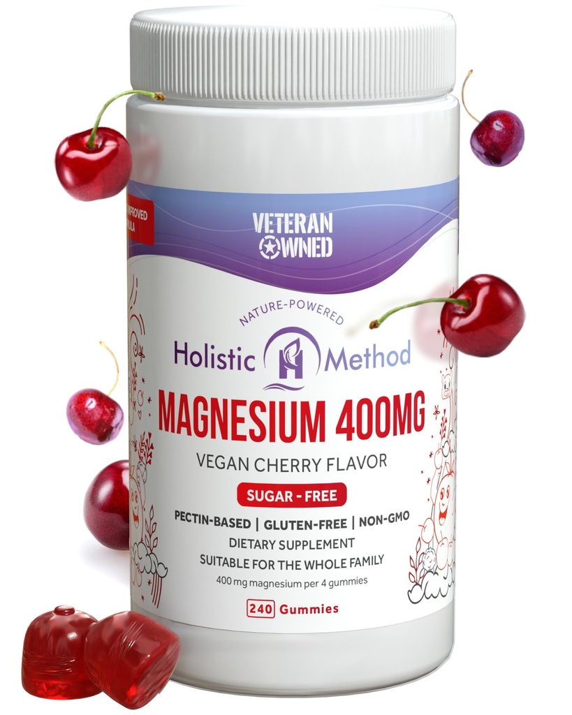 Magnesium Citrat Gummies - sukker-fri, vegansk og ikke-GMO for bedre søvn og avslapping - Ingen sukker alkohol - magnesiumtilskudd for voksne, tenåringer og barn - Cherry - 240 Chews