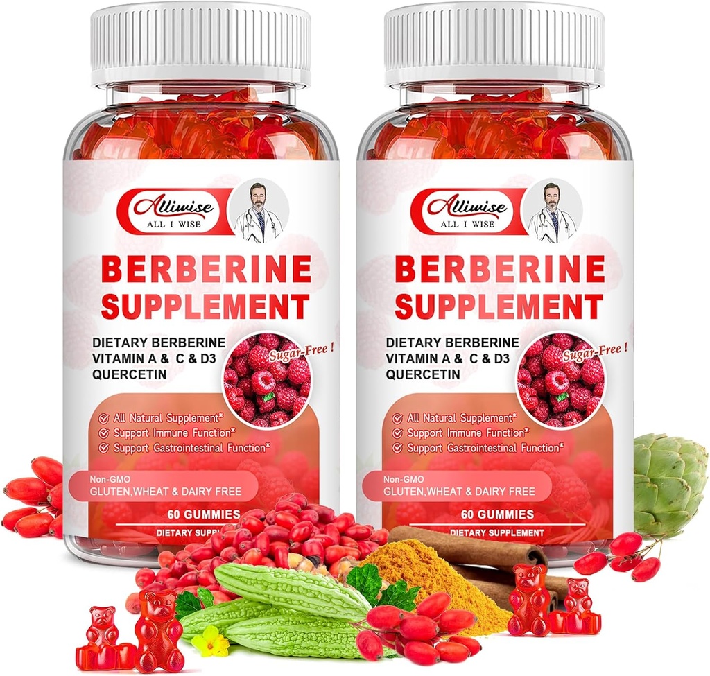 Sukkerfri Berberin Supplement Gummies, Original Berberin HCL med Ceylon Cinnamon, Quercetin, Multivitamin, Støtte Immun & Gastrointestinal funksjon og metabolisme for kvinner og menn